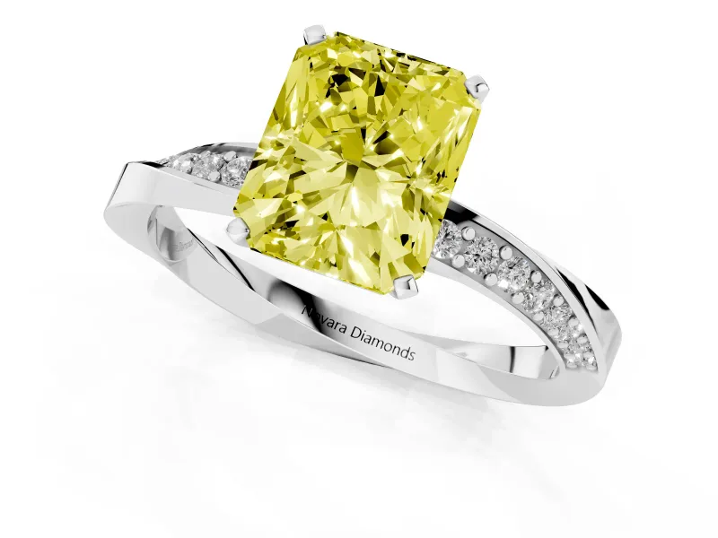 Fancy Yellow Radiant Cut Diamond Engagement Ring Set in Platinum with Side Stone Accents and Prong Setting