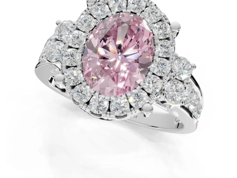 Oval Halo Engagement Ring Setting for a Fancy Pink Lab-Grown Diamond | Graduated Channel Band | Sterling Silver