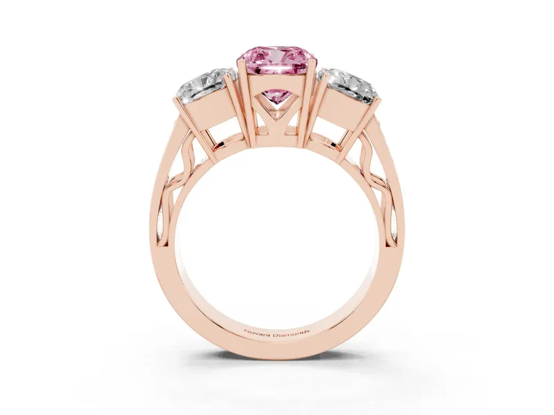 Fancy Pink Cushion Cut Diamond Three-Stone Ring Set in Rose gold with Textured Band