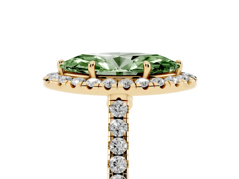 Marquise Halo Engagement Ring Setting for a Fancy Green Lab-Grown Diamond | Pave Shoulders | Yellow Gold