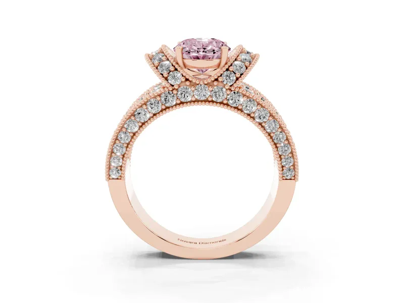 Oval Vintage Milgrain Pave Engagement Ring Setting for a Fancy Pink Lab-Grown Diamond | Crescent Side Rows | Rose Gold