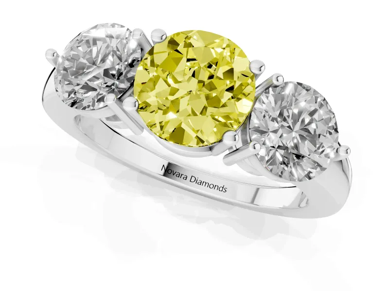 Round Three Stone Engagement Ring Setting for a Fancy Yellow Lab-Grown Diamond | Plain Band | Sterling Silver