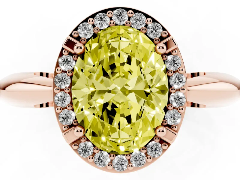 Fancy Yellow Oval Cut Diamond Halo Engagement Ring Set in Rose gold with Plain Split Shank and Prong Setting