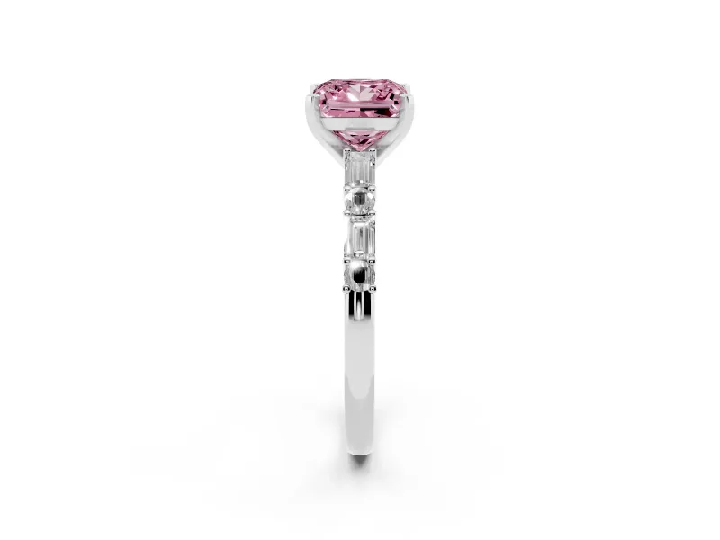 Fancy Pink Princess Cut Diamond Solitaire Set in Silver with Side Baguettes and Channel Set Band