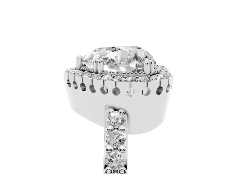 Heart Cut Diamond Halo Engagement Ring Set in Platinum with Milgrain Detail and Pavé Band