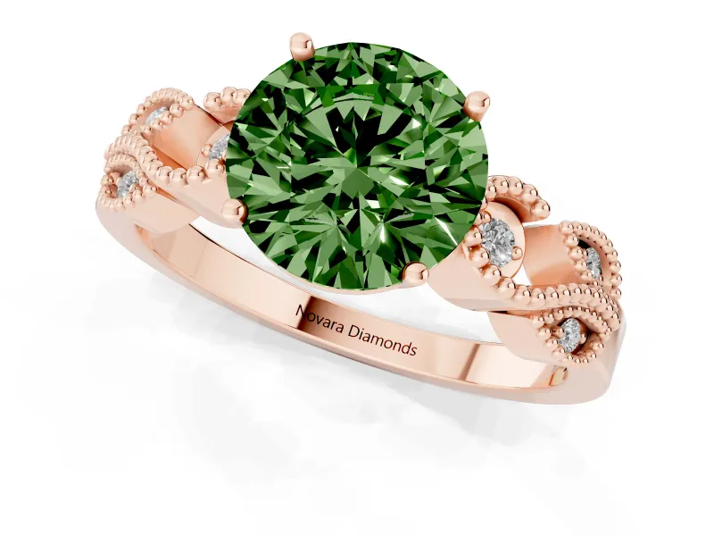 Fancy Green Round Cut Diamond Milgrain Leaf Band Solitaire Ring Set in Rose gold with Accent Stones and Prong Setting