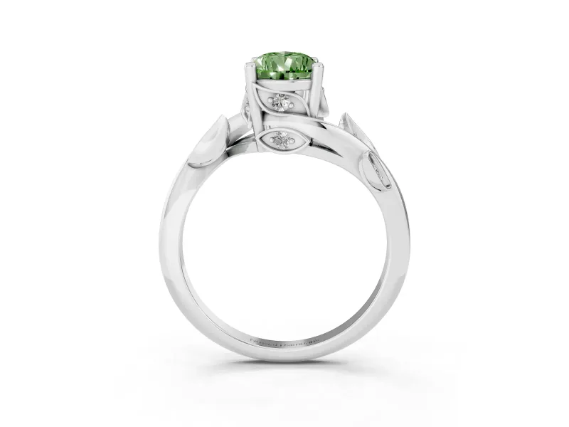 Fancy Green Pear Cut Diamond Solitaire Twist Engagement Ring Set in Silver with Pavé Leaf Accents