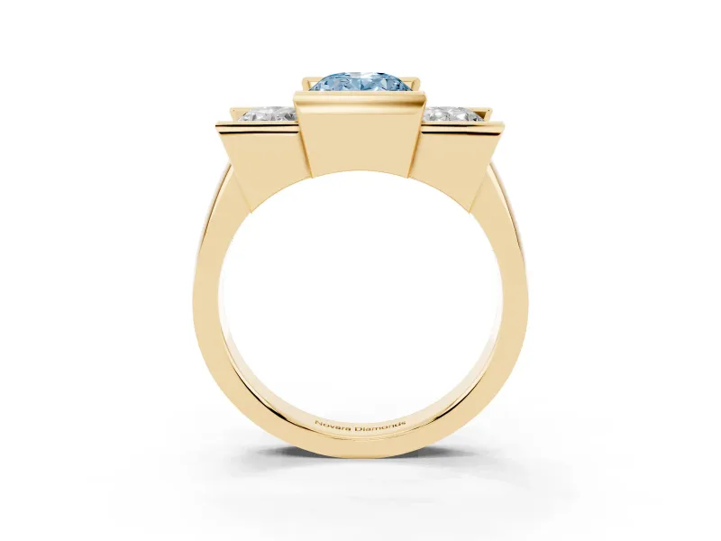 Fancy Blue Oval Cut Diamond Three-Stone Channel Set Ring Set in Yellow gold with Smooth Polished Band