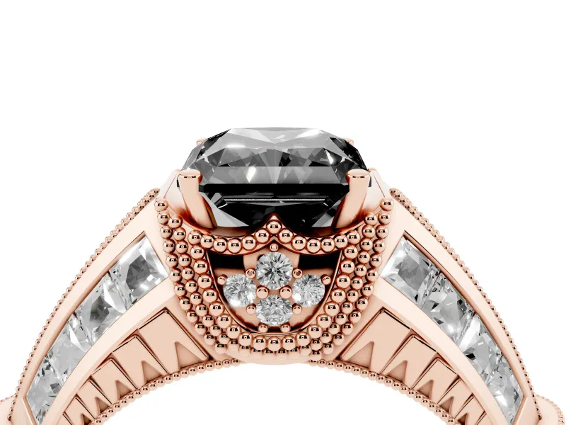 Fancy Black Radiant Cut Diamond Vintage-Inspired Milgrain Ring Set in Rose gold with Accent Split Shank
