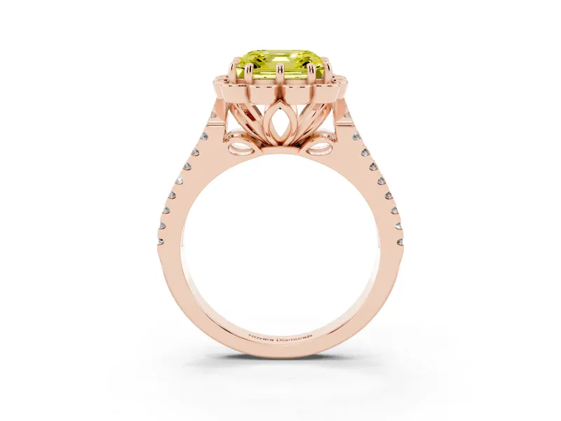 Asscher Cut Floral Halo Engagement Ring Setting for a Fancy Yellow Lab-Grown Diamond | Pavé Split Shank | Rose Gold