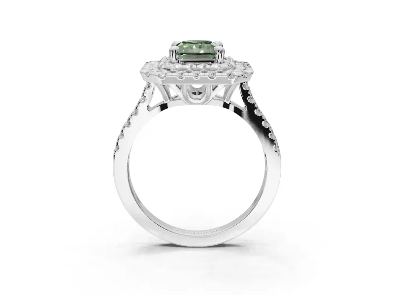 Fancy Green Radiant Cut Lab-Grown Diamond Double Halo Statement Ring Set in Platinum with Pavé Band
