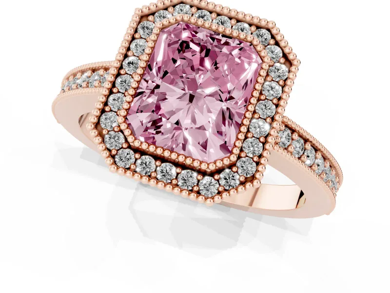 Fancy Pink Radiant Cut Diamond Halo Engagement Ring Set in Rose gold with Pavé Band and Round Halo Stones
