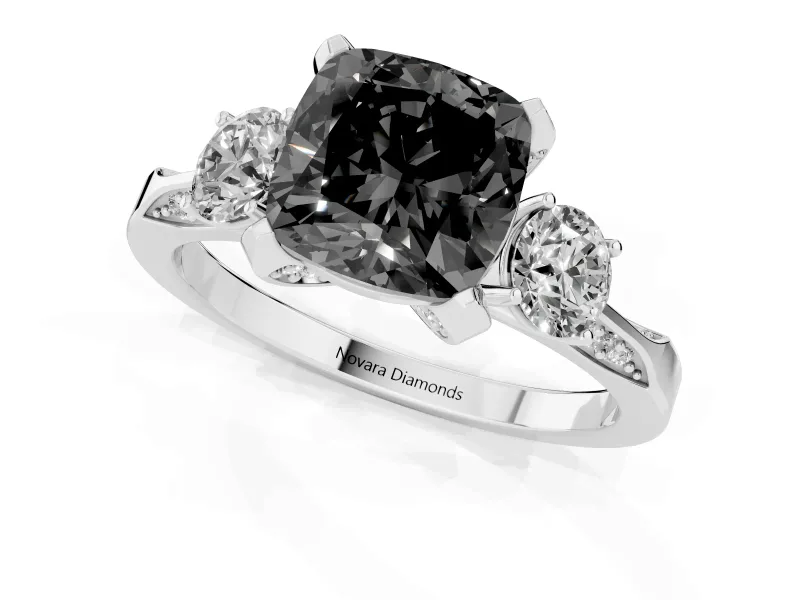 Cushion Cut Hidden Halo Three Stone Engagement Ring Setting for a Black Center | Sterling Silver