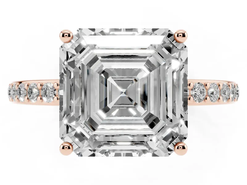 Asscher Cut Diamond Pavé Band Ring Set in Rose gold with Prong-Set Center Stone