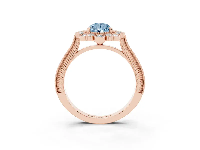 Fancy Blue Pear Cut Diamond Halo Milgrain Pavé Ring Set in Rose gold with Prong Setting