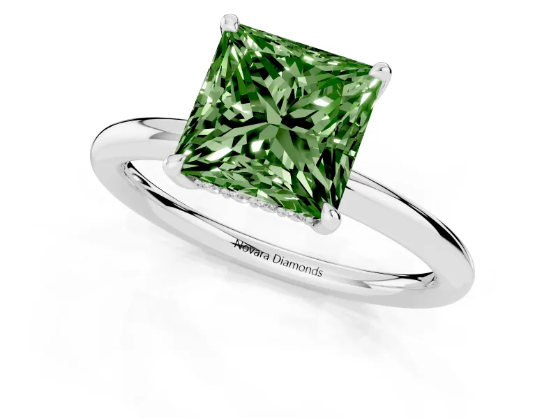 Fancy Green Princess Cut Diamond Solitaire Ring Set in Silver with Thin Band and Prong Setting