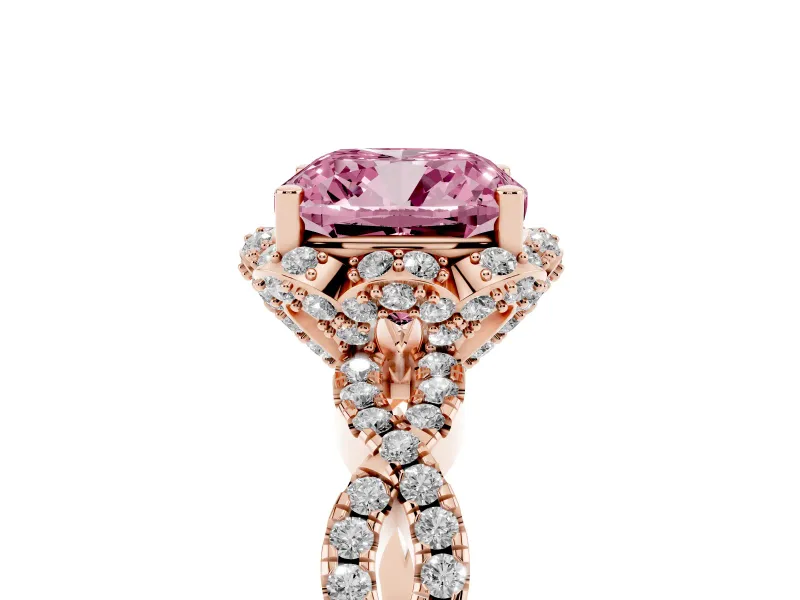 Fancy Pink Cushion Cut Diamond Halo Twist Band Solitaire Ring Set in Rose gold with Prong-Set Center Stone