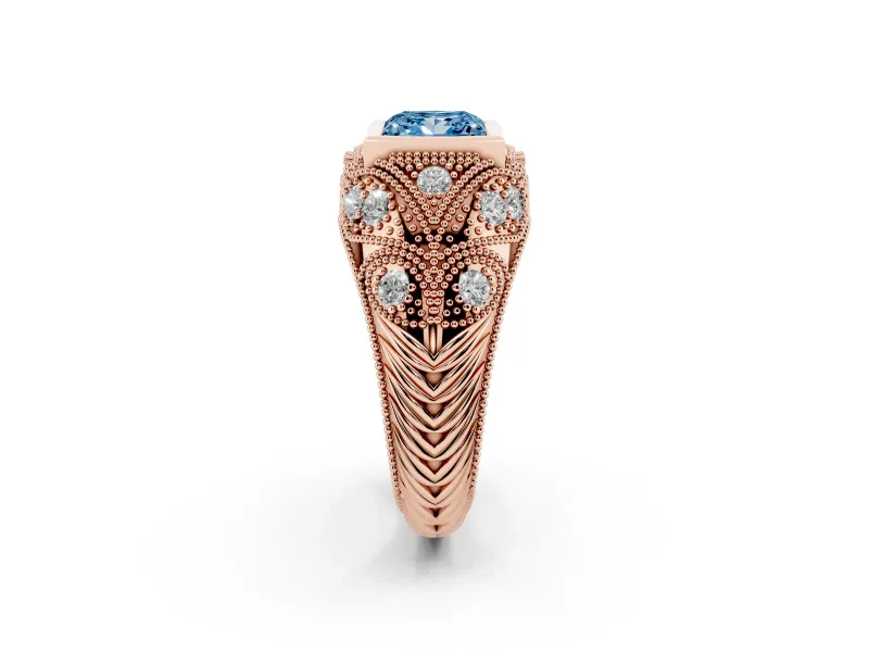 Fancy Blue Princess Cut Diamond Bezel Ring Set in Rose gold with Milgrain Accent Band