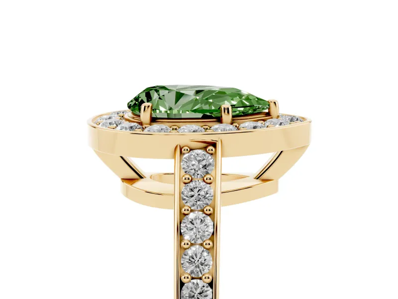 Fancy Green Pear Cut Diamond Halo Pavé Engagement Ring Set in Yellow gold with Bezel Setting