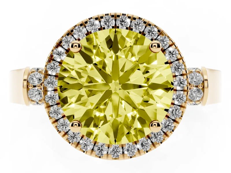 Round Halo Engagement Ring Setting for a Fancy Yellow Lab-Grown Diamond | Pavé Panel Shoulders | Yellow Gold