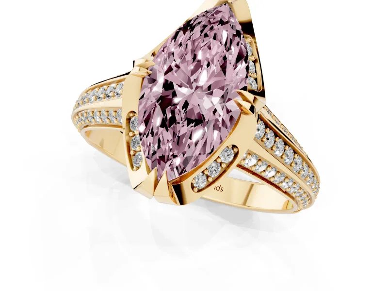 Fancy Pink Marquise Cut Diamond Pavé Split Shank Solitaire Ring Set in Yellow gold with Prong Setting