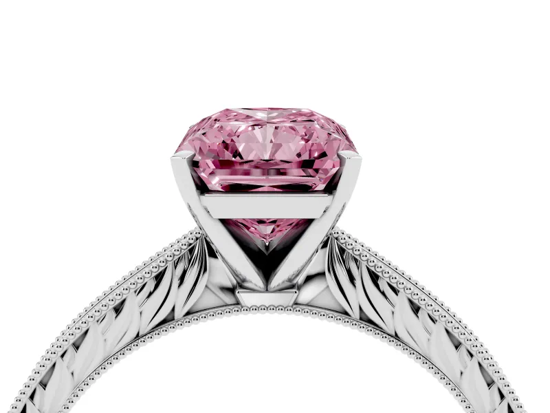 Fancy Pink Radiant Cut Diamond Solitaire Milgrain Engraved Band Set in Silver with Prong Setting