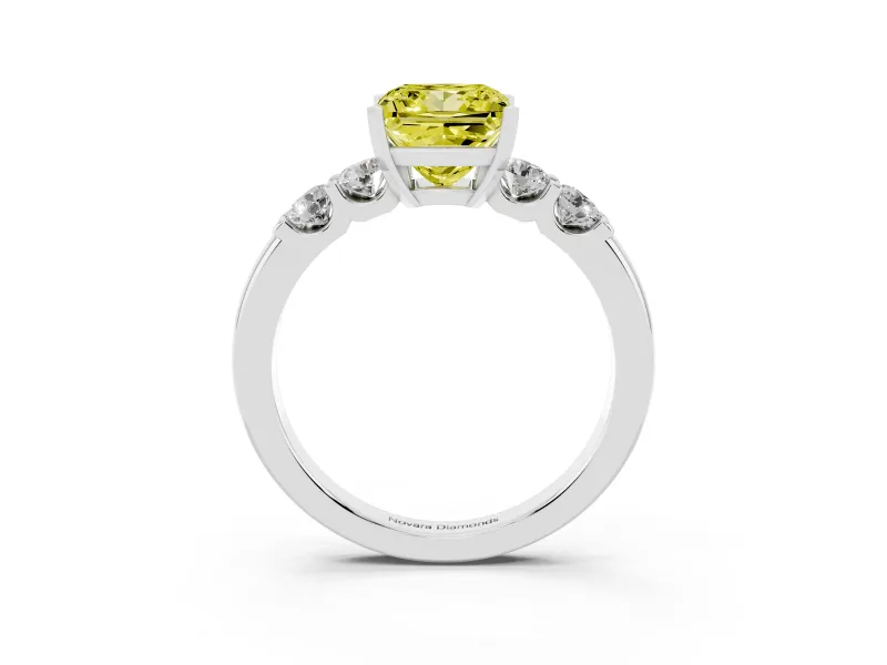 Fancy Yellow Princess Cut Diamond Five-Stone Prong Set Engagement Ring Set in Platinum with Channel Band
