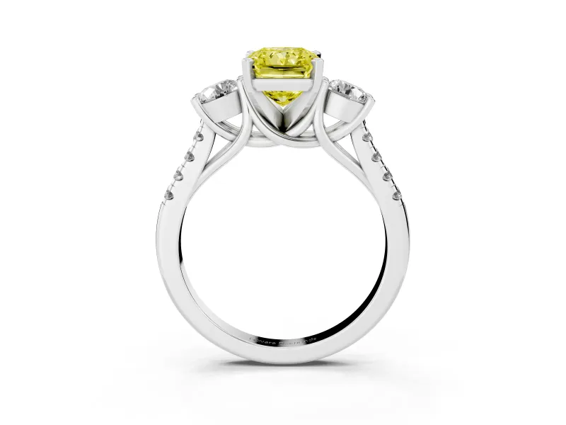 Fancy Yellow Three-Stone Radiant Cut Diamond Pavé Band Ring Set in Platinum with Prong-Set Trio