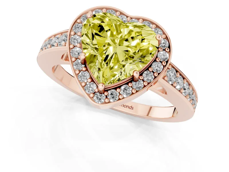 Fancy Yellow Heart Cut Diamond Halo Pavé Engagement Ring Set in Rose gold with Bezel Setting