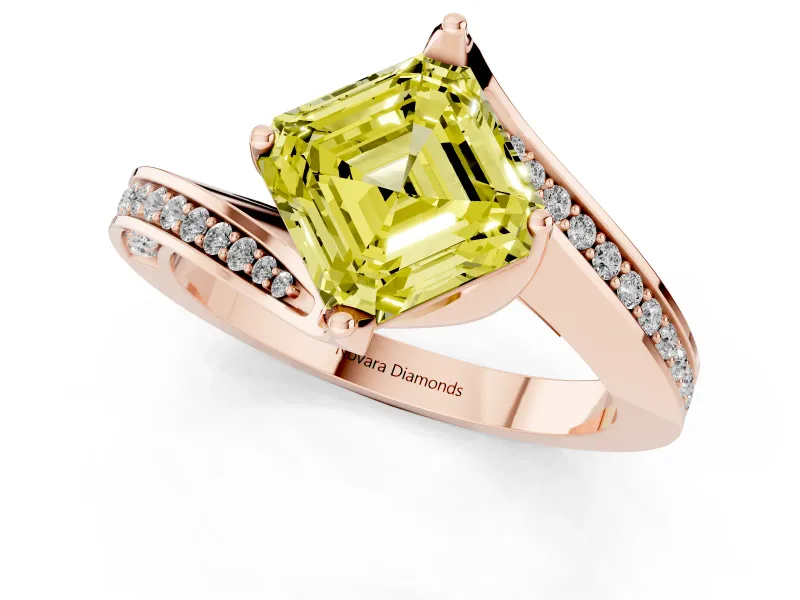 Asscher Cut Bypass Pavé Solitaire Engagement Ring Setting for a Fancy Yellow Lab-Grown Diamond | Angled Head | Rose Gold