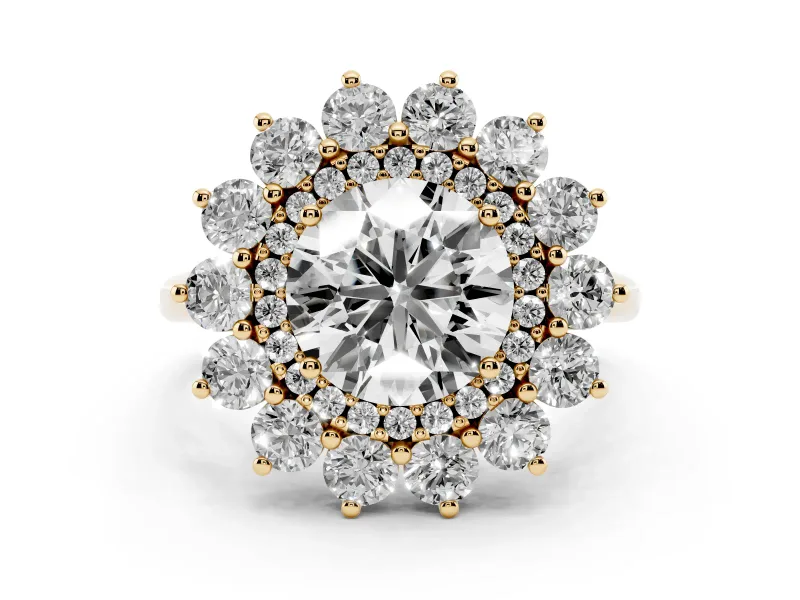 Round Cut Diamond Floral Double Halo Ring Set in Yellow gold with Round Petals
