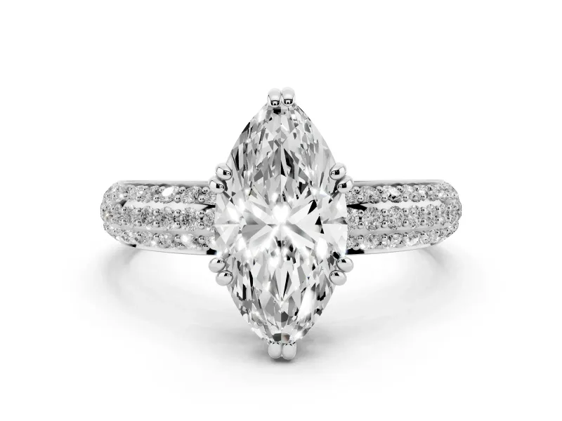 Marquise Cut Diamond Solitaire Ring Set in White gold with Multi-Row Round Pavé Band and Prong Setting