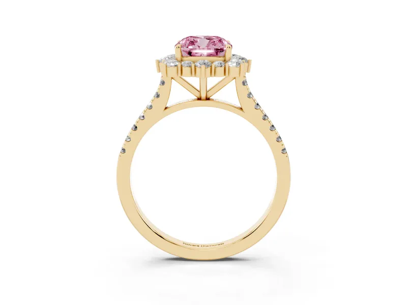 Cushion Cut Scalloped Halo Engagement Ring Setting for a Fancy Pink Lab-Grown Diamond | Single Row Pave | Yellow Gold