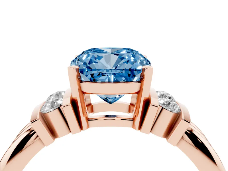Fancy Blue Three-Stone Cushion Cut Diamond Channel Set Ring Set in Rose gold with Bar Prongs