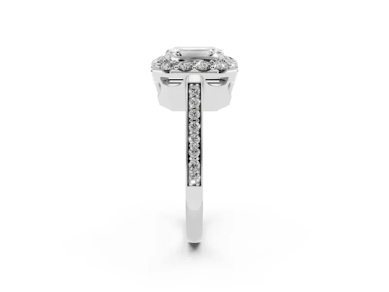 Emerald Cut Diamond Floral Halo Ring Set in Silver with Pavé Band and Prong Setting