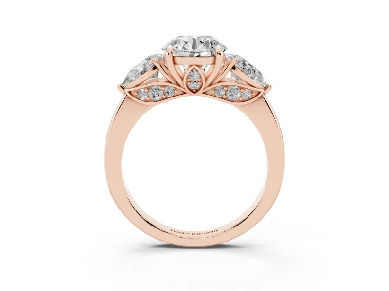 Round Three Stone Engagement Ring Setting | Pear Side Stones | Rose Gold