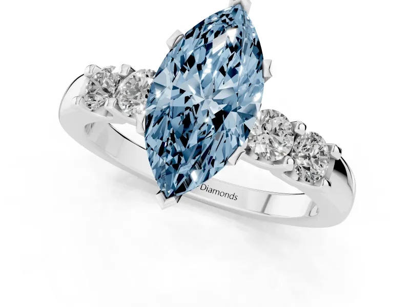 Fancy Blue Marquise Cut Diamond Five-Stone Prong Set Engagement Ring Set in Platinum with Channel Band