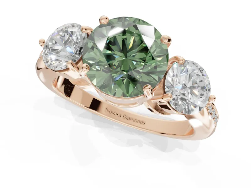 Round Three Stone Engagement Ring Setting for a Fancy Green Lab-Grown Diamond | Tapered Pave Band | Rose Gold