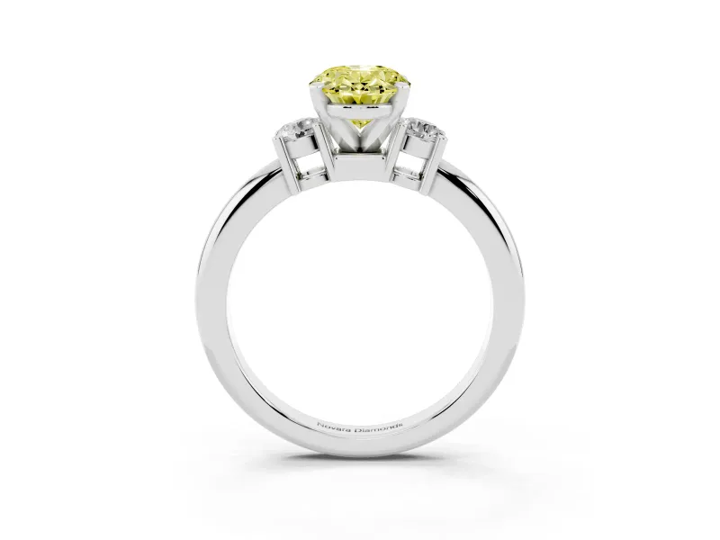 Fancy Yellow Three-Stone Oval Cut Diamond Ring Set in Platinum with Prong Setting and Plain Band