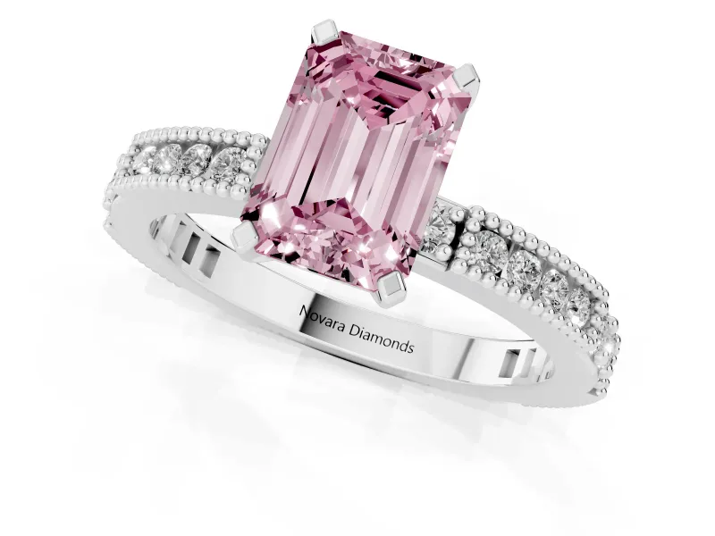 Fancy Pink Emerald Cut Diamond Solitaire Ring Set in Silver with Slim Pavé Band and Prong Setting