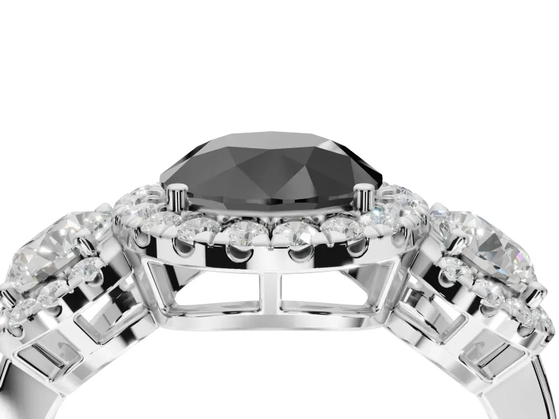 Round Three Stone Halo Engagement Ring Setting for a Black Center | Haloed Side Stones | White Gold