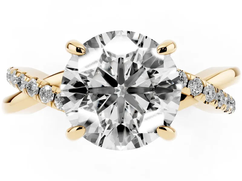 Round Cut Diamond Twist Band Solitaire Set in Yellow gold with Pavé Accents and Prong Setting