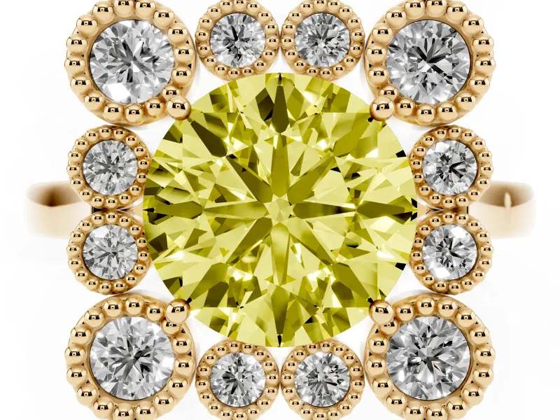 Round Milgrain Cluster Halo Engagement Ring Setting for a Fancy Yellow Lab-Grown Diamond | Plain Band | Yellow Gold