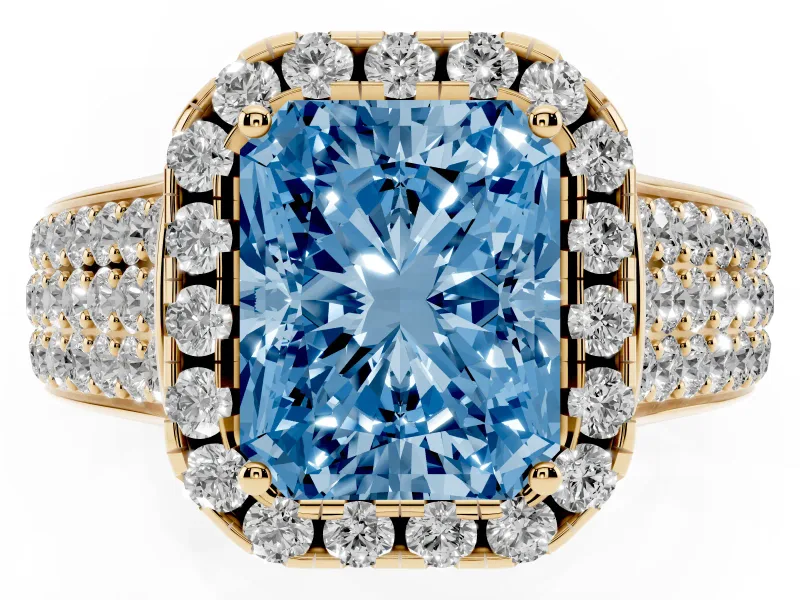 Radiant Cut Pavé Engagement Ring Setting for a Fancy Blue Lab-Grown Diamond | Wide Three-Row Band | Yellow Gold