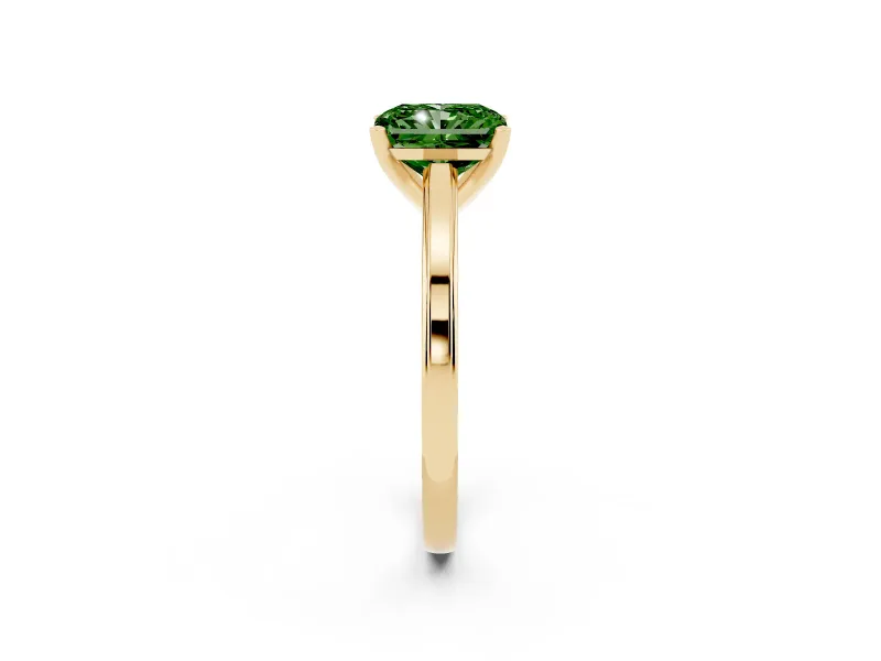 Fancy Green Radiant Cut Diamond Solitaire Ring Set in Yellow gold with Prong Setting and Classic Band