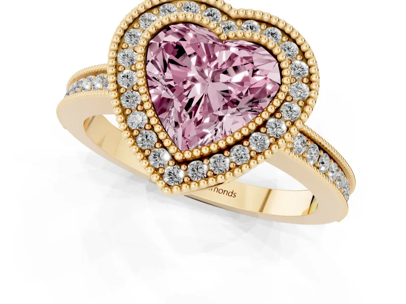 Fancy Pink Heart Cut Diamond Halo Ring Set in Yellow gold with Pavé Band and Milgrain-Edged Prongs
