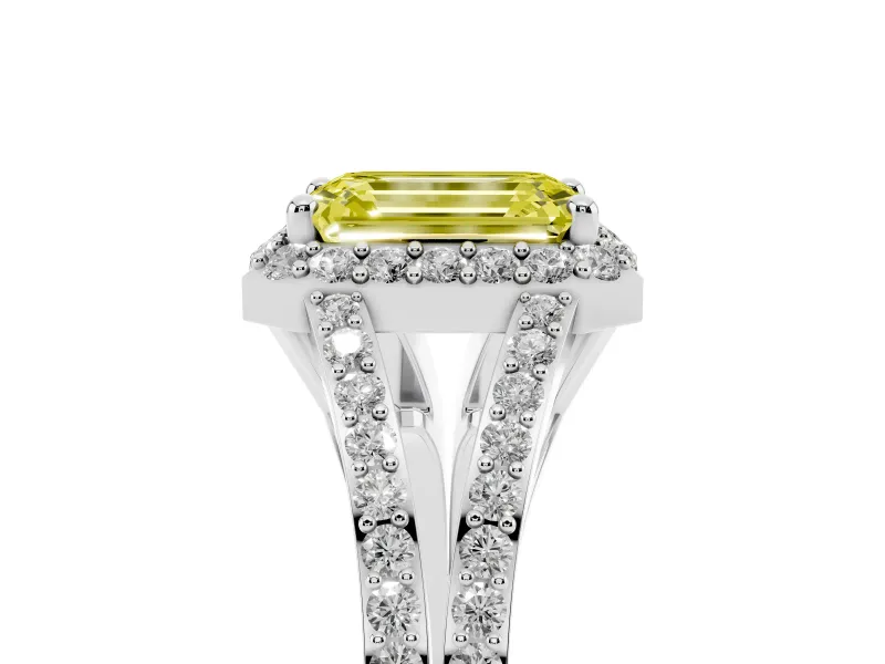 Emerald Cut Halo Engagement Ring Setting for a Fancy Yellow Lab-Grown Diamond | V-Split Pavé Band | Sterling Silver