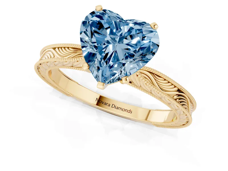 Heart-Shaped Engraved Engagement Ring Setting for a Fancy Blue Lab-Grown Diamond | Yellow Gold