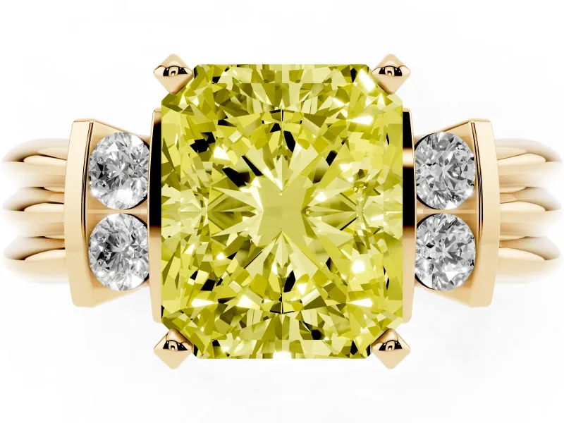 Fancy Yellow Three-Stone Radiant Cut Diamond Channel Set Ring Set in Yellow gold with Bar Prongs