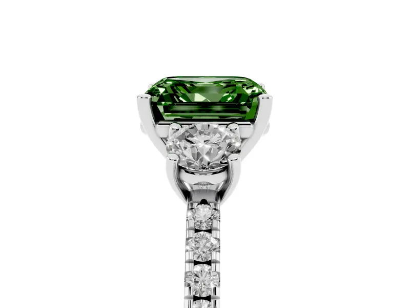Asscher Cut Three Stone Engagement Ring Setting for a Fancy Green Lab-Grown Diamond | Pave Shoulders | Platinum
